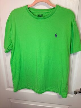 Polo by Ralph Lauren Men’s Bright Neon Green Crew T-Shirt with Purple Pony